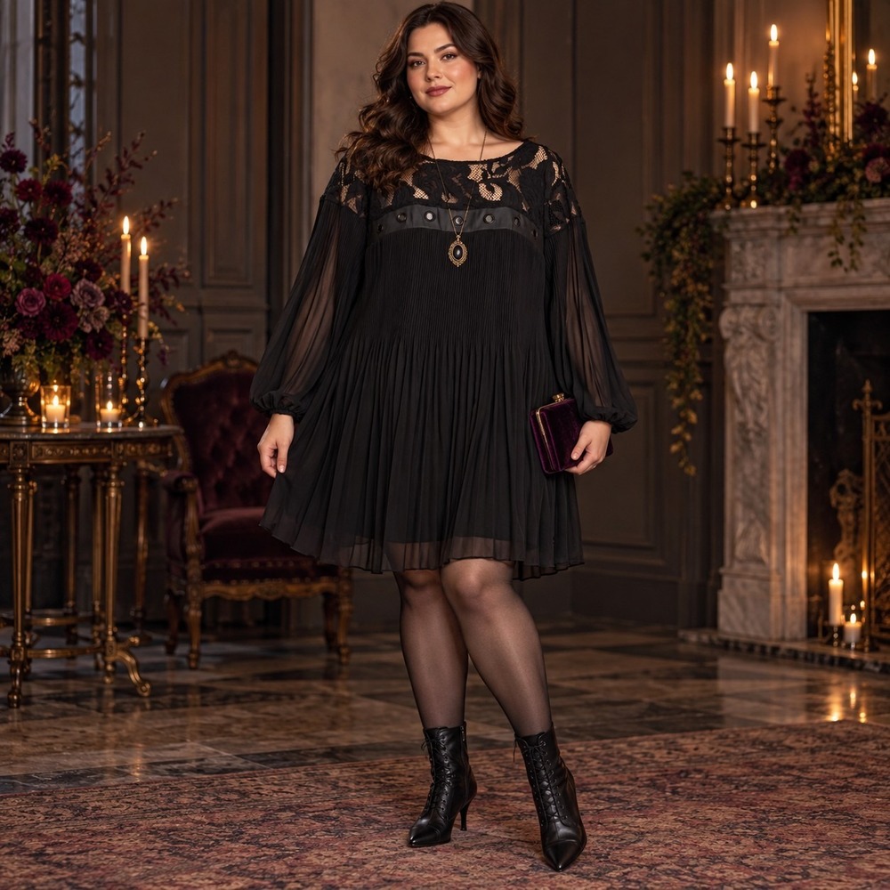 Lane Bryant Black Lace Pleated Chiffon Dress Whimsigoth Witchy Cocktail 16 NWT